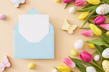 Easter concept. Top view photo of open envelope with card colorful easter eggs tulips flowers and butterfly cookie on isolated beige background