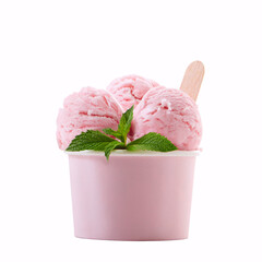 Strawberry ice cream scoops in paper cup isolated on white background