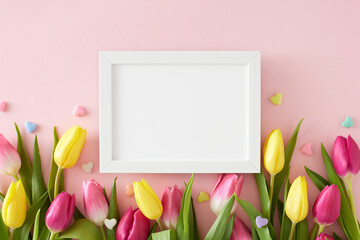 Mother's Day mood concept. Creative layout made of white photo frame yellow pink tulips and colorful hearts on isolated pastel pink background. Flat lay blank space.