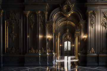 gold and black baroque style portal of a palace, columns  interior palace design, generative ai  - obrazy, fototapety, plakaty