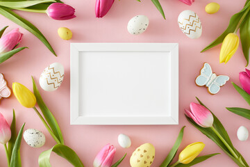 Easter concept. Flat lay photo of white photo frame colorful easter eggs yellow pink tulips and butterfly cookies on isolated pastel pink background. Holiday card idea