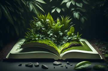 an open green book has forest secrets, a book of the jungle, generative ai 