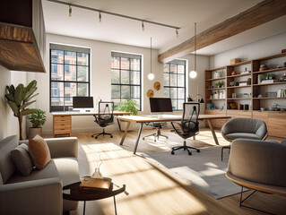 This office is designed to enhance creativity and productivity with its minimalist style, ample natural light, vibrant decor, and discreetly placed smart home technology.