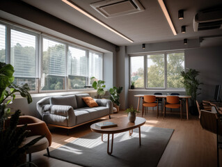 Obraz na płótnie Canvas This office is designed to enhance creativity and productivity with its minimalist style, ample natural light, vibrant decor, and discreetly placed smart home technology.