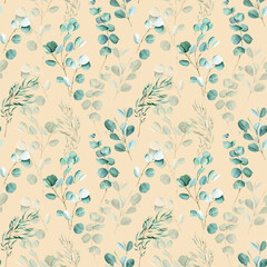 Seamless watercolor pattern with eucalyptus branches on beige background. Can be used for gift wrapping paper, kitchen textile and fabric prints.