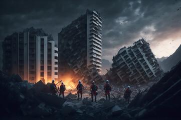 rescuers among rubbles of skyscrapers after an earthquake around the fire, with a dark sky and a lot of birds, natural disasters, generative ai