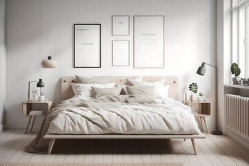 interior of a bedroom with white mockups for tableau, plants in the side, contemporary furniture design, generative ai 