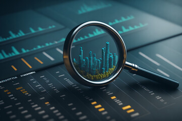 magnifier on a modern city model, model of skyscrapers, real estate stock, investment concept, generative ai 
