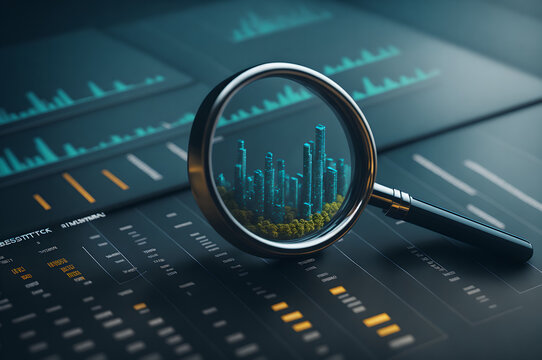 Magnifier On A Modern City Model, Model Of Skyscrapers, Real Estate Stock, Investment Concept, Generative Ai 