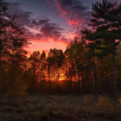Nature's Last Light: An Orange and Pink Sunset Over the Forest