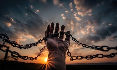 Abstract of freedom and charge concept with hands and broken chain and sky sunrise background, generative AI