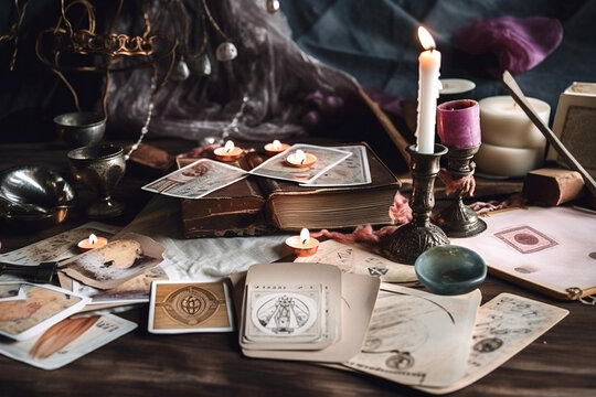 Ritual with tarot cards or fortune telling with occult and esoteric symbols. Generative AI