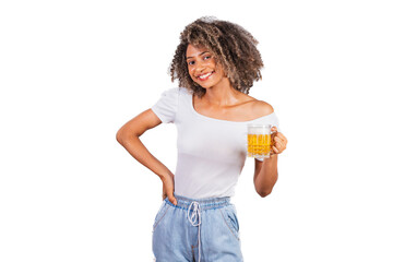 beautiful black brazilian woman in casual clothes holding glass of beer.