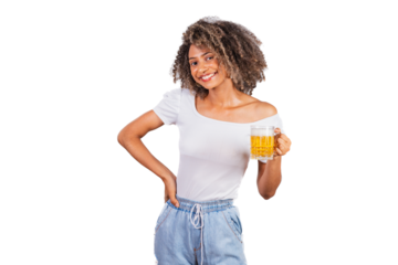 beautiful black brazilian woman in casual clothes holding glass of beer.