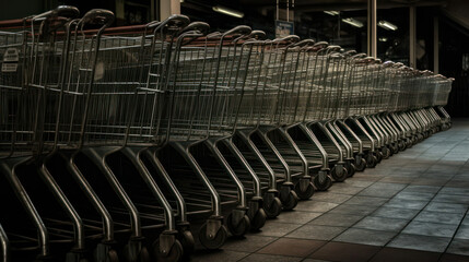 Fototapeta premium Row of carts standing inside the store before opening. generative AI
