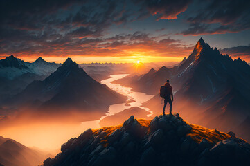 hiker on the top of a mountain with a beautiful view of the sunset around mountains and sunrise, clouds, and rivers, freedom concept, generative ai