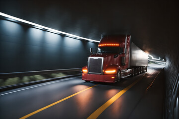 semi truck with a container in a tunnel at high speed on the highway, generative ai