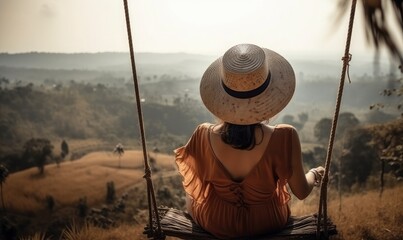 A woman in a hat enjoys freedom on a swing in Bali, Indonesia, Life, generative AI