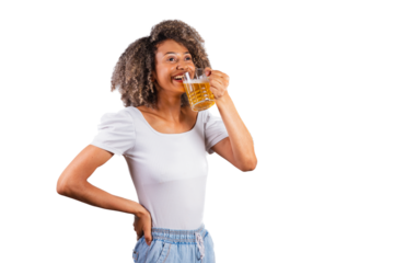 beautiful black brazilian woman in casual clothes holding glass of beer.