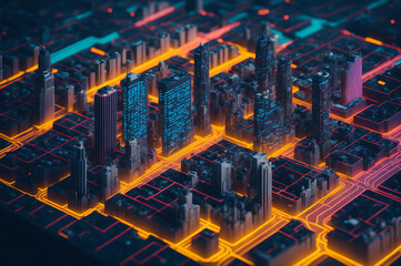 cinematic coloring scene of a miniature tech cityscape on a circuit board, generative ai 