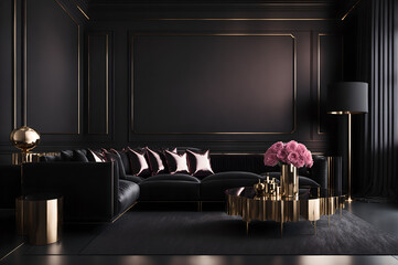 large living room in a dark style, black sofa, rose pink pillows, and gold table with rose flowers on a black wall, generative ai 
