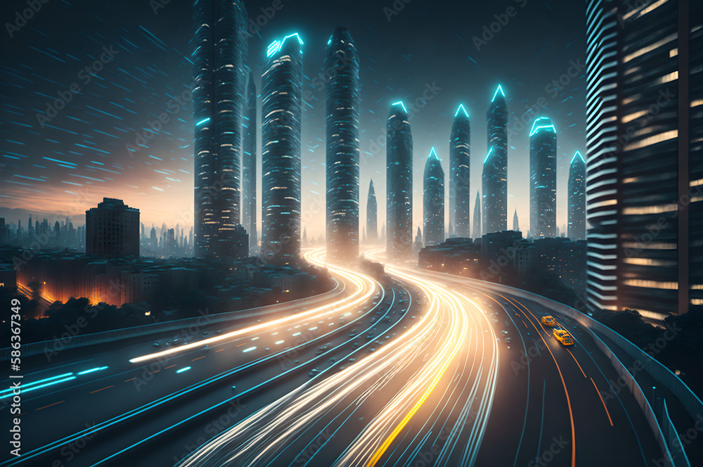 Wall mural high-speed traffic at night in a technological metropolis city with glowing lines in the highway amo