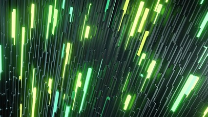 Obraz premium 3d render. 3d abstract simple geometric background with green yellow rectangles like light bulbs flashing neon lights form wall. Creative simple motion design bg with 3d objects