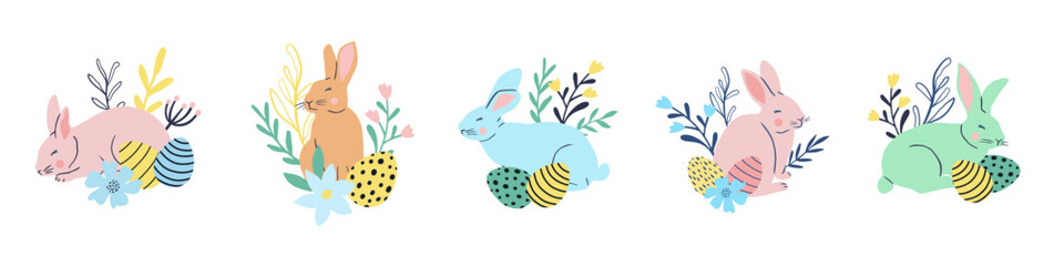 Easter compositions with cute Easter bunnies, colorful eggs, flowers. Easter design. Vector illustration