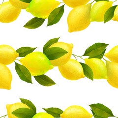 Lemon branches patetrn. Horizontal stripes of lemon and leaves isolated on white background. Hand drawn illustration, seamless design