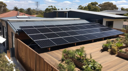  solar panels on the roof of the house. Blue solar panels. Alternative source of electricity. Generative AI