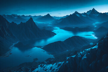 beautiful panoramic landscape of water valley around mountains in a blue theme, generative ai 