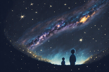 two boys looking at the night sky full of stars and galaxy twinkling above, love and peace concept, illustration generative ai
