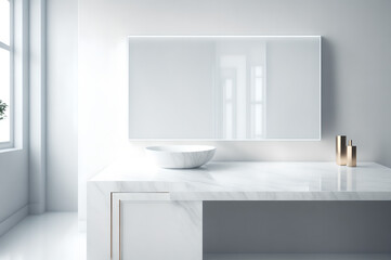 Fototapeta na wymiar Modern bathroom interior design, white marble table and mirror with sink, generative ai