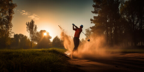 Golfer sport swing action at sunset in sand trap playground illustration. Generative AI - obrazy, fototapety, plakaty