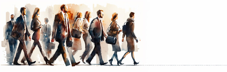 Crowd of business people walking, watercolor illustration drawing banner with copy space. Generative AI