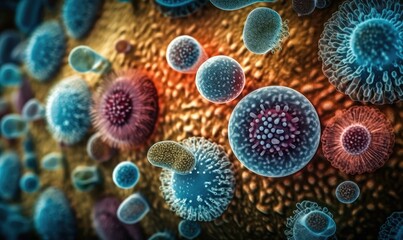 Different types of microbes, viral cells and bacteria, generative AI