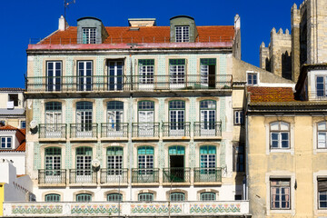 Facade of colonial-style buildings in Lisbon, Portugal