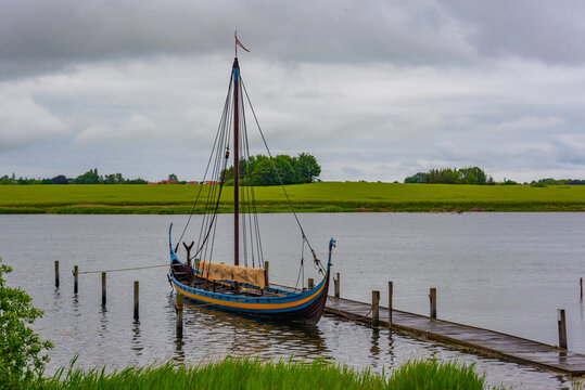 Reconstructed wooden boat at Vikingemuseet Ladby in Denmark