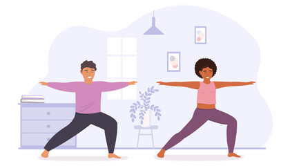 Fototapeta na wymiar A man and a woman do yoga, gymnastics. The coach teaches physical exercises. The couple spends time together actively. Vector graphics.