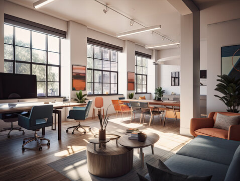 This office is designed to enhance creativity and productivity with its minimalist style, ample natural light, vibrant decor, and discreetly placed smart home technology.