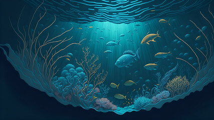 Fototapeta na wymiar Underwater scene of happy and untouched ocean life. (Generative AI)
