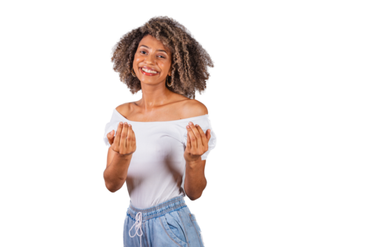 beautiful black brazilian woman in casual clothes inviting with hands. come.