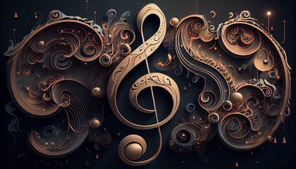 Luxury Gold Treble Clef of the stellar against on flying random golden notes. Beautiful musical notation symphony.