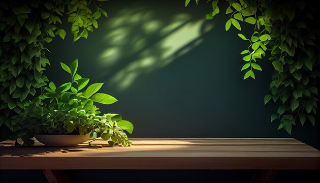 Wood table green wall background with sunlight window create leaf shadow on wall with blur indoor green plant foreground
