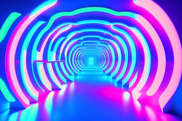 Obraz premium Cyber Neon Apartments Glowing Glass Frosted Panels Triangular Blue Purple Live Fluorescent Laser Lights Glowing Dark Hallway - generative ai
