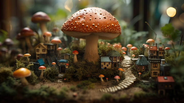 Miniature Village Under Mushroom Generative AI