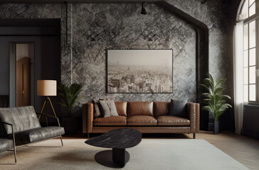 Living room Industrial interior style, A bold geometric patterned wallpaper or accent wall in black and white or a muted metallic finish, paired with a sleek and modern sectional sofa