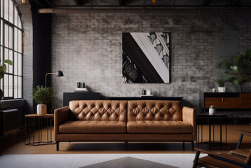 Living room Industrial interior style, A bold geometric patterned wallpaper or accent wall in black and white or a muted metallic finish, paired with a sleek and modern sectional sofa