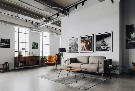 Living room Industrial interior style, A gallery wall featuring black and white photography and vintage advertisements, set against a backdrop of concrete or polished cement floors