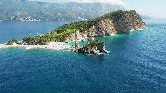 Sveti Nikola Saint Nicholas Island from drone in blue Adriatic sea, Montenegro